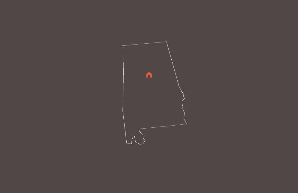 An animated map pulls back from Birmingham, Alabama to the contiguous United States. Cream states mark our production locations; the orange house marks our Birmingham home.